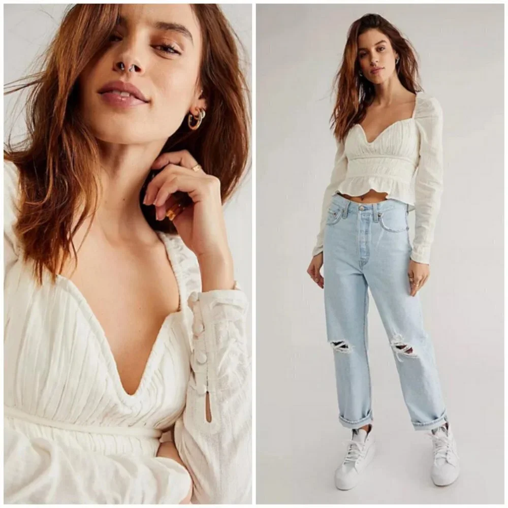 💕FREE PEOPLE💕 Chloe Top Cotton Sweetheart Neckline ~ White Medium  NWOT